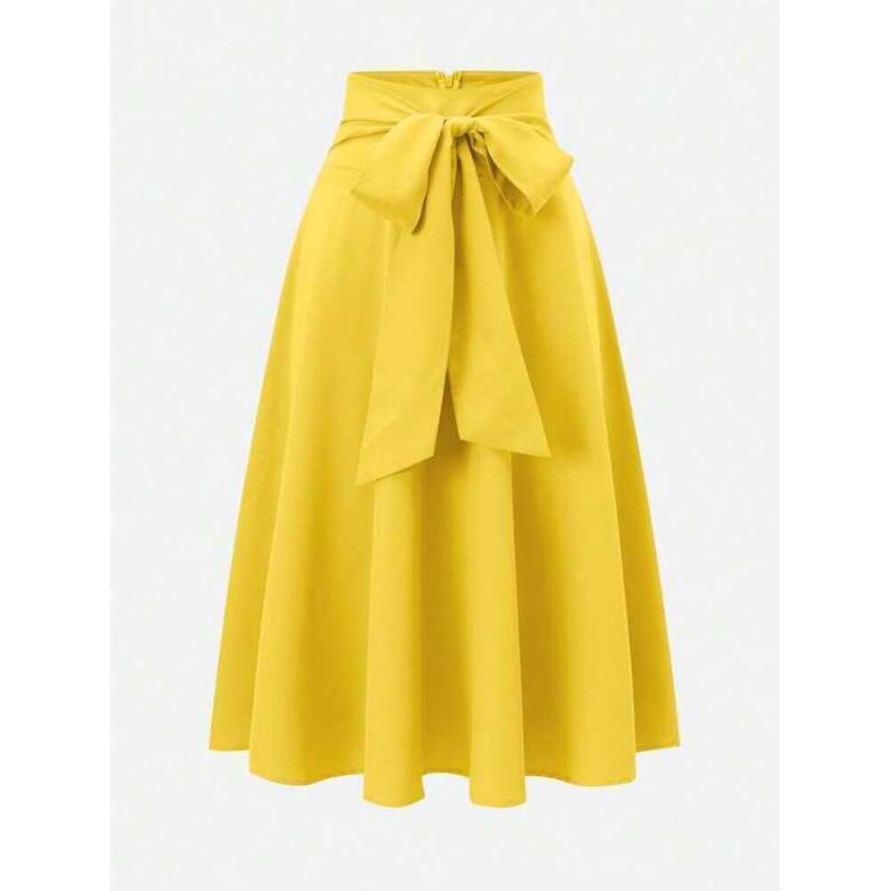 Chiquease Solid Color Belted Waist Yellow Skirt